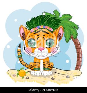 Danseuse de hula de tigre de dessin animé sur la plage avec palmier et mer. Hawaï, vacances, mer. Style enfant. Symbole du nouvel an 2022 Illustration de Vecteur