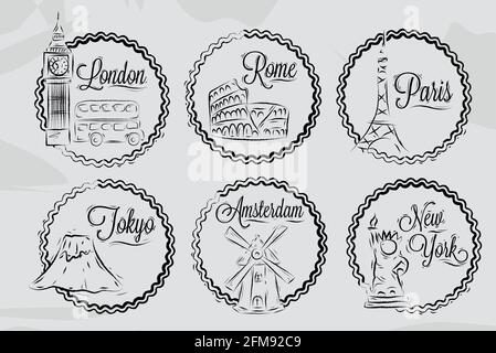 Icônes avec les villes du monde, Londres, New York, Rome, Amsterdam, Tokyo, Paris, dessin stylisé avec de la craie sur un tableau noir, un cadre en cadre rond sur un coup Illustration de Vecteur