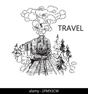 Locomotive à vapeur à dessin à la main se déplaçant à travers la forêt le long des rails. Illustration vectorielle isolée sur fond blanc. Illustration de Vecteur