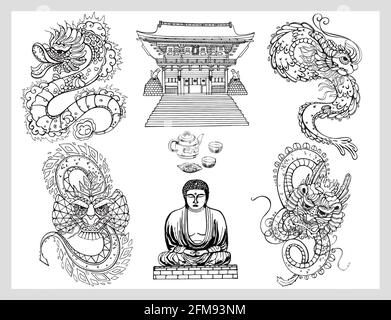 Ensemble de dragons abstraits dessinés à la main, temple, statue de Bouddha isolée sur fond blanc. Illustration vectorielle. Illustration de Vecteur