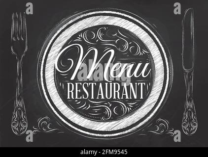 Menu restaurant lettrage sur une assiette avec une fourchette et une cuillère sur le côté dans le style rétro dessin avec la craie sur le tableau noir. Illustration de Vecteur