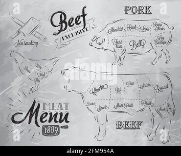 Illustration d'un élément graphique vintage dans le menu pour viande poulet de porc de vache en morceaux de viande Illustration de Vecteur