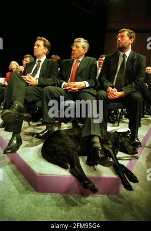 Conférence du Parti travailliste Jack Straw et David Blunkett 1999David Blunketts Le chien-guide Lucy s'est endormi à ses pieds pendant le La conférence du Parti travailliste ne quitte pas le secrétaire à l'intérieur Jack Straw beaucoup d'espace pour les jambes Banque D'Images