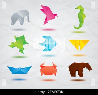 Ensemble de symboles animaux à l'origami : éléphant, oiseau, cheval de mer, poisson, papillon, ours, crabe, poisson Illustration de Vecteur