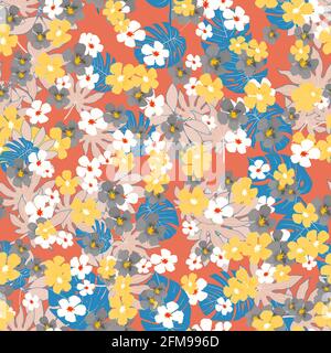 Motif été brillant sans couture dans le style hawaïen avec de petites fleurs et les feuilles tropicales Illustration de Vecteur