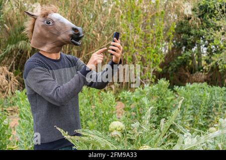 Homme avec masque de tête de cheval utilisant smartphone extérieur dans le jardin de légumes.Homme extérieur utilisant la technologie dans la nature, campagne.espace de copie. Banque D'Images