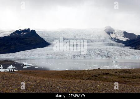 Glace du glacier Breioamerkurjokull (arrière) des veaux dans le lac du glacier Fjallsarlon dans le parc national de Vatnajokull, en Islande. Banque D'Images