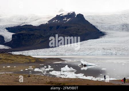 Glace du glacier Breioamerkurjokull (arrière) des veaux dans le lac du glacier Fjallsarlon dans le parc national de Vatnajokull, en Islande. Banque D'Images