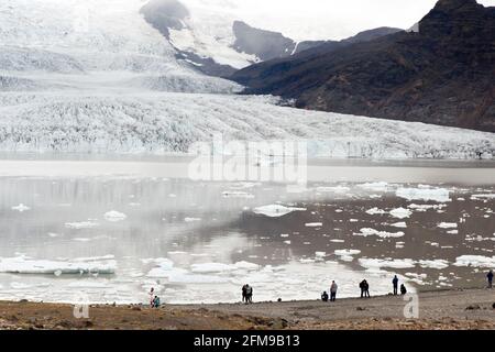 Glace du glacier Breioamerkurjokull (arrière) des veaux dans le lac du glacier Fjallsarlon dans le parc national de Vatnajokull, en Islande. Banque D'Images