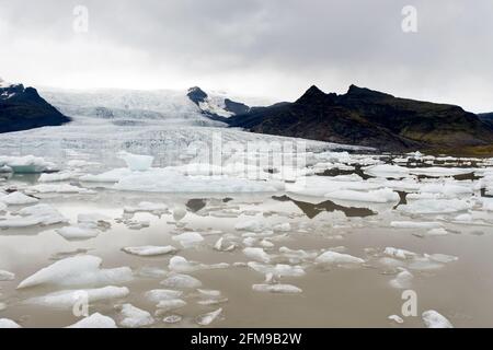 La glace du glacier Breioamerkurjokull (arrière) flotte dans le lac du glacier Fjallsarlon, dans le parc national de Vatnajokull, en Islande. Banque D'Images