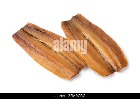 Paire de kippers, filet de hareng fumé, isolé sur fond blanc Banque D'Images