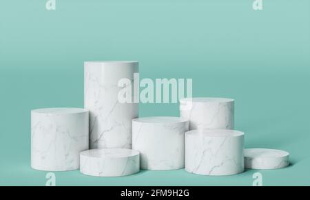 podium cylindrique en marbre blanc sur fond turquoise. rendu 3d. Banque D'Images
