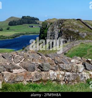 Vue vers l'est depuis Steel Rigg sur Hadrien's Wall, Northumberland National Park, Northumberland, Angleterre, Royaume-Uni Banque D'Images