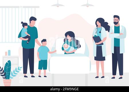 La femme de beauté se repose sur le lit et tient bébé nouveau-né. Patient avec famille et médecins. Chambre dans le centre périnatal. Examen médical, consultation ou ch Illustration de Vecteur