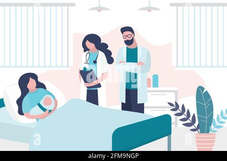 La femme de beauté se repose sur le lit et tient bébé nouveau-né. Patient, médecin et infirmière. Chambre dans le centre périnatal. Examen médical et consultation. Santé Illustration de Vecteur