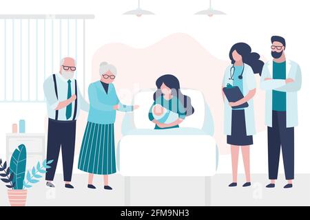 La femme de beauté se repose sur le lit et tient bébé nouveau-né. Patient avec grands-parents et médecins. Chambre dans le centre périnatal. Examen médical, consultation Illustration de Vecteur