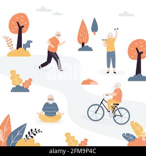 Groupe de personnes âgées faisant de l'activité sportive dans le parc. Vieille femme vélo et fitness à l'extérieur. Grand-père assis dans la pose de lotus. Soins de santé lifesyl Illustration de Vecteur