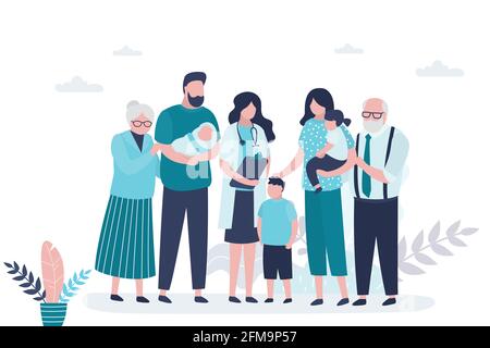 Immense famille avec nouveau-né et médecin. Bonne naissance d'un bébé. Bannière concept santé. Portrait de famille. Grands-parents, parents et enfants. Tendance Illustration de Vecteur