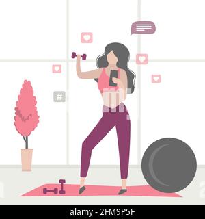 Femme de beauté en forme physique et en train de discuter sur les réseaux sociaux. Une fille athlétique fait un blog sur un mode de vie sain. Salle de sport avec haltères et fitball. Drôle fe Illustration de Vecteur