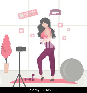 Femme de beauté faisant de la forme physique. Une fille athlétique fait un blog sur le mode de vie sain et sportif. Salle de sport avec haltères et fitball. Smartphone sur trépied. Femelle v Illustration de Vecteur