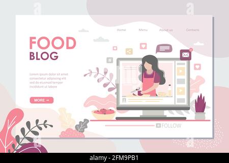 Modèle de page d'accueil du blog Food. Vidéo de cuisson sur l'écran du moniteur. Blogger explique comment cuisiner un plat. Une femme chef enseigne la cuisine d'une nouvelle recette. Vlogg femelle Illustration de Vecteur