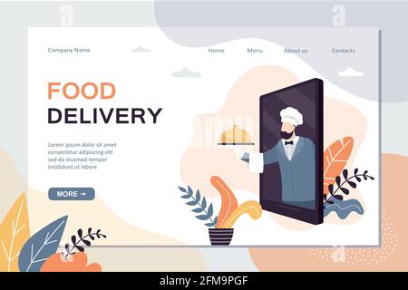 Modèle de page d'arrivée de livraison de produits alimentaires. Commande et livraison de nourriture au restaurant ou au café. Application mobile et chef masculin avec assiette. Acheter des repas prêts à l'emploi Illustration de Vecteur
