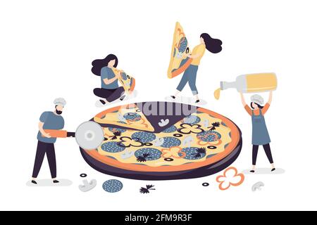 Drôle de petites personnes qui cuisent de grandes pizzas. Les chefs préparent des plats italiens traditionnels. Les gens travaillent dans une pizzeria. Travailleurs en uniforme. Femmes tenant et mangeant p Illustration de Vecteur