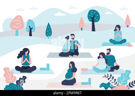 Une femme instructeur est assise dans une posture de yoga lotus. Beauté femmes enceintes et beaux hommes à l'extérieur. Soins de santé, famille sportive dans le parc. Cours de yoga avec Illustration de Vecteur