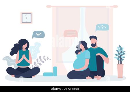 Couple d'amour heureux, instructeur de sexe féminin assis dans la posture du yoga lotus. Beauté femme enceinte et homme beau dans le salon. Soins de santé, famille sportive i Illustration de Vecteur