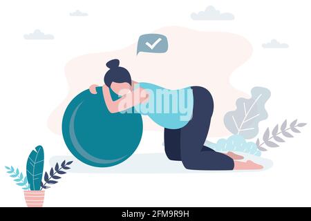 Femme enceinte fatiguée après avoir fait des exercices avec le fitball. Fitness pendant la grossesse. Concept des soins de santé et du sport. Beauté personnage féminin. Styl tendance Illustration de Vecteur