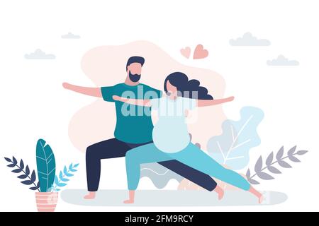 Couple heureux amoureux debout dans la pose de yoga. Beauté femme enceinte et beau homme faisant l'asana. Soins de santé et famille sportive. Cours ou cours de yoga, p Illustration de Vecteur