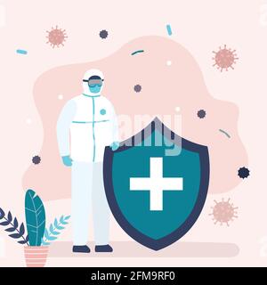 Médecin en uniforme de protection spécial. Travailleur médical portant un grand bouclier de sécurité. Protection et contrôle des virus et des bactéries. Caractère humain dans t Illustration de Vecteur