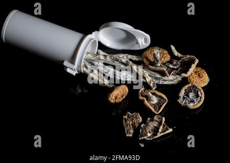 Champignons magiques en bouteille médicale isolée sur fond noir. Banque D'Images