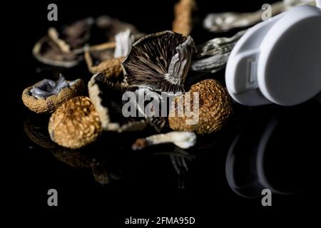 Traitement de la dépression et de l'anxiété avec des champignons magiques. Champignons psychédéliques en gros plan dans une bouteille médicinale. Banque D'Images