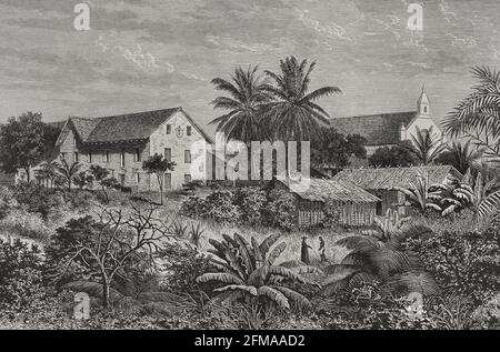 Histoire de l'Afrique. 19e siècle. Mission catholique au Gabon. Gravure. El Congo y la Creación del Estado Independiente de este nombre. Historia de los Trabajos y Exploraciones Verificados (le Congo et la fondation de son État libre. Une histoire de travail et d'exploration), par Henry M. Stanley. Édité à Barcelone, vers 1890. Espagne. Banque D'Images