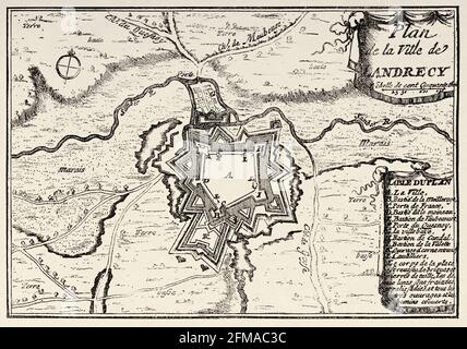 Plan de la ville des Landrecies en temps de la Révolution française. France. Ancienne illustration gravée du XIXe siècle de l'Histoire de la Révolution française 1876 par Jules Michelet (1798-1874) Banque D'Images