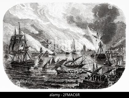 Siège de Toulon. Révolte du port de Toulon contre son propre pays France en 1793. Les flottes combinées de l'Espagne et de la Grande-Bretagne envahissent le sud de la France par le port de Toulon. France. Ancienne illustration gravée du XIXe siècle de l'Histoire de la Révolution française 1876 par Jules Michelet (1798-1874) Banque D'Images