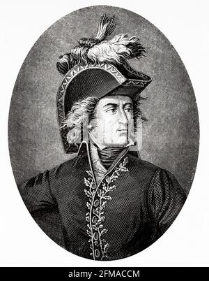 Portrait de Guillaume Marie-Anne Brune (1764-1815) le 1er comte Brune, était un commandant militaire français, maréchal de l'Empire, et figure politique qui a servi pendant les guerres révolutionnaires françaises et les guerres napoléoniennes. France. Ancienne illustration gravée du XIXe siècle de l'Histoire de la Révolution française 1876 par Jules Michelet (1798-1874) Banque D'Images