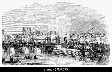 Le Pont neuf, le plus ancien pont de Paris. France. Ancienne illustration gravée du XIXe siècle de l'Histoire de la Révolution française 1876 par Jules Michelet (1798-1874) Banque D'Images