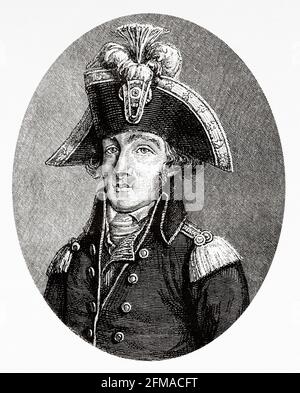 Portrait de François Hanriot (1761-1794) était un chef cordelier français, un orateur de rue et un commandant du Garde nationale pendant la Révolution française. Il a été exécuté avec Robespierre, Saint-Just et Couthon par les règles de la loi du 22 Prairial. France. Ancienne illustration gravée du XIXe siècle de l'Histoire de la Révolution française 1876 par Jules Michelet (1798-1874) Banque D'Images