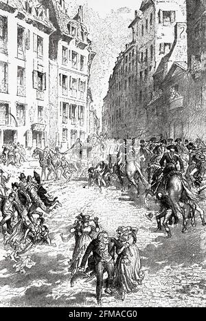 François Henriot (1761-1794) dispersa la foule avec des sabres, Paris. France. Ancienne illustration gravée du XIXe siècle de l'Histoire de la Révolution française 1876 par Jules Michelet (1798-1874) Banque D'Images