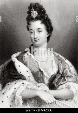 Portrait de la duchesse du Maine. Anne Louise Bénédicte de Bourbon (1676-1753) est la fille d'Henri Jules de Bourbon, prince de Condé, et d'Anne Henriette de Bavière. En tant que membre de la Maison régnante de Bourbon, elle était princesse du sang. Forcée d'épouser le duc du Maine, elle s'est émerveillé dans la politique et les arts, et a tenu un salon populaire à l'Hôtel du Maine ainsi qu'au Château de Sceaux. France. Ancienne illustration gravée du XIXe siècle de la Galerie des femmes Célébres de M. Sainte-Beuve 1864 Banque D'Images