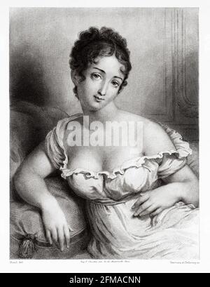 Portrait de Madame Récamier. Jeanne Francoise Julie Adélaïde Récamier (1777-1849), connue sous le nom de Juliette, est une socialite française dont le salon a attiré des Parisiens des grands cercles littéraires et politiques du début du XIXe siècle. France. Ancienne illustration gravée du XIXe siècle de la Galerie des femmes Célébres de M. Sainte-Beuve 1864 Banque D'Images