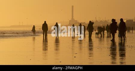 Brighton et la plage de Hove à marée basse, en direction de l'ouest vers Shoreham. Silhouettes de personnes marchant le long de la plage de sable au coucher du soleil. East Sussex, Angleterre Banque D'Images