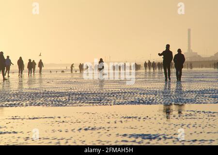 Brighton et la plage de Hove à marée basse, en direction de l'ouest vers Shoreham. Silhouettes de personnes marchant le long de la plage de sable au coucher du soleil. East Sussex, Angleterre Banque D'Images