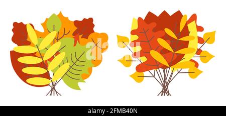 Bouquets de feuilles sèches d'automne à motif vectoriel plat. Décoration d'Halloween pour la chambre. Bannières publicitaires, scrapbooking, bloc-notes, vaisselle. Illustration de Vecteur