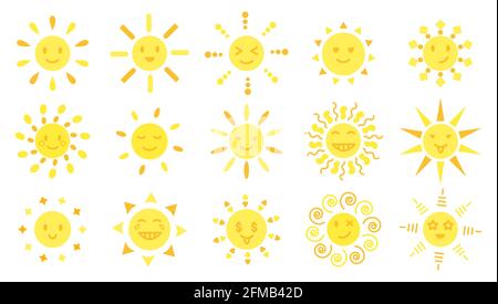 Sun caricature plat vecteur genre et visages mignons. Drôle de soleil jaune et orange isolé sur fond blanc ensemble.décor d'objets, chambres, plats, meubles, linge de lit. Autocollants pour enfants. Illustration de Vecteur