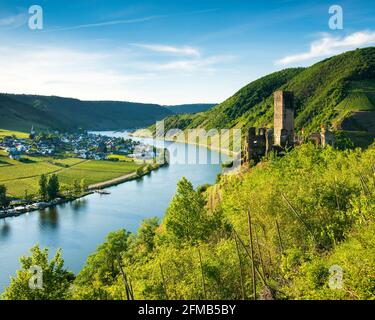 Allemagne, Rhénanie-Palatinat, Beilstein (Moselle), vue sur la vallée de la Moselle avec les ruines du château de Beilstein, derrière Ellenz-Poltersdorf Banque D'Images