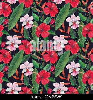 Motif tropical sans couture avec fleurs d'hibiscus rouges, orchidées et feuilles. Illustration aquarelle. Banque D'Images