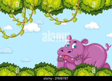 Hippopotamus personnage de dessin animé dans une illustration vierge de scène de forêt Illustration de Vecteur